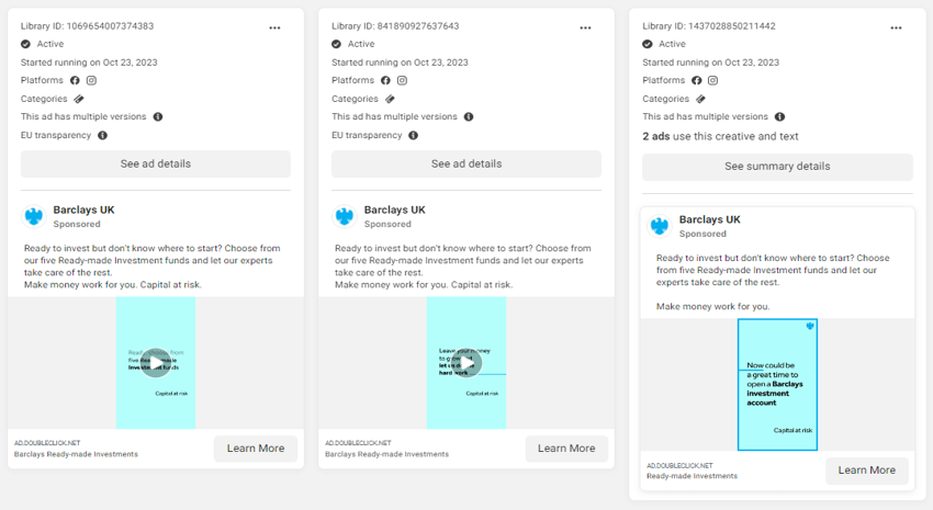 Barclays Facebook Ads November 2023