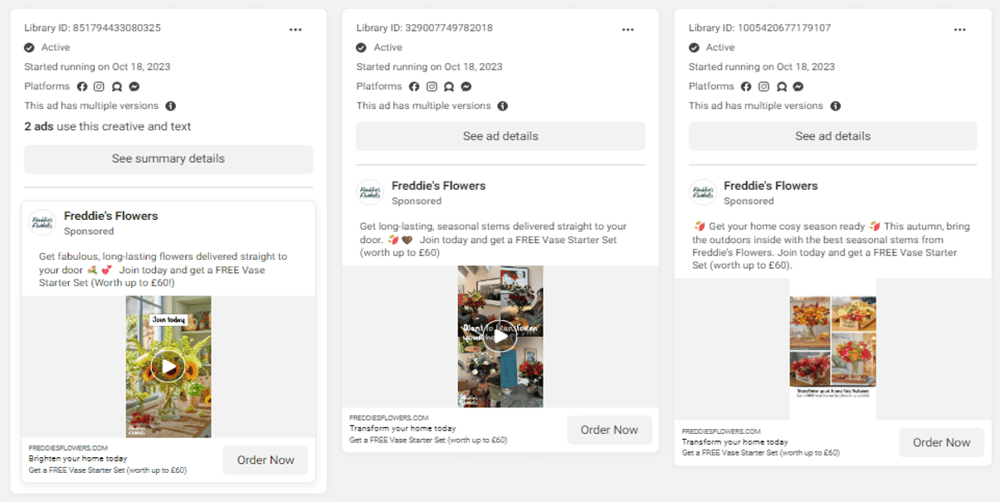 Freddies Flowers Facebook Ads October 2023