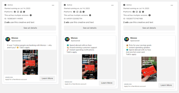 Monzo Facebook Ads - July 2023