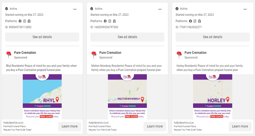 Pure Cremations FB ads