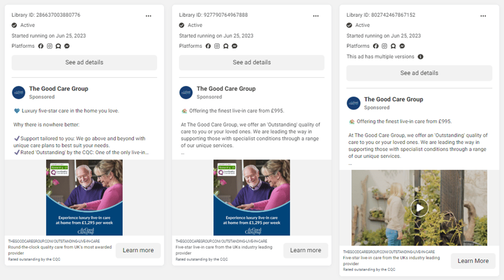 The Good Care Group Facebook Ads Sept 2023