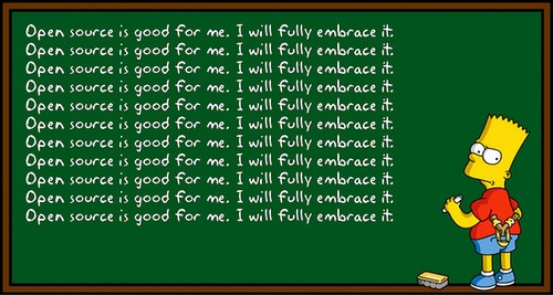 Bart Simpson scrawling 'Open source is good for me'.