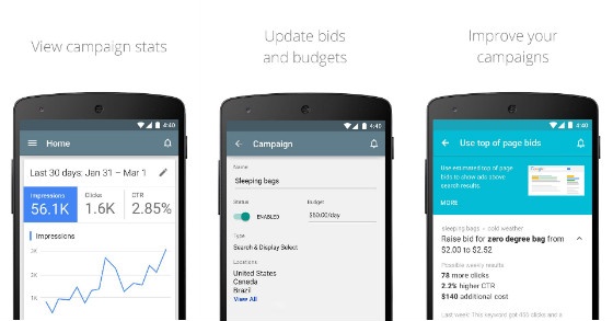 A banner displaying some of AdWords' features on Android.