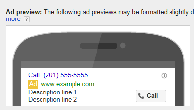 AdWords call-only ads, mobile preview.