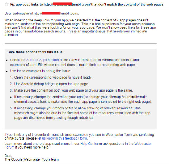 The new App Indexing error emails.