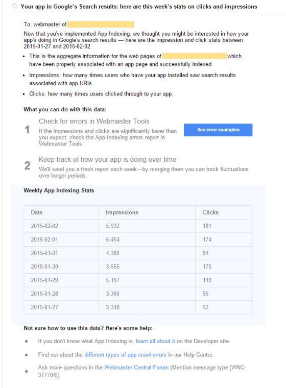 The new app indexing statistics email.