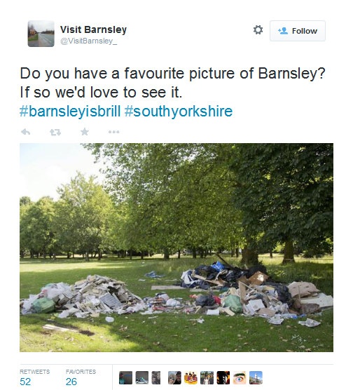 An example 'Visit Barnsley' tweet - a picture of a field strewn with rubbish, accompanied by the text 'Do you have a favourite picture of Barnsley?'