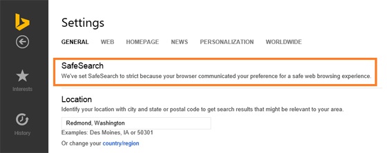 Bing's child safe search feature.