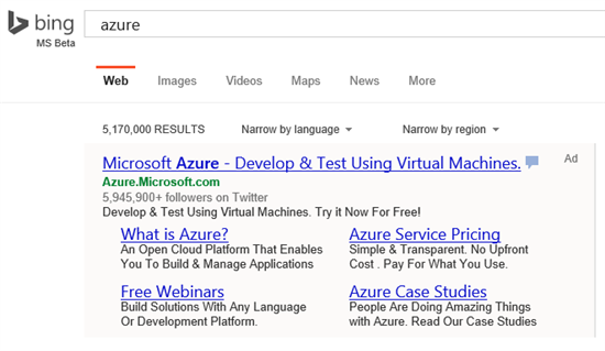 Bing's enhanced sitelinks in action.