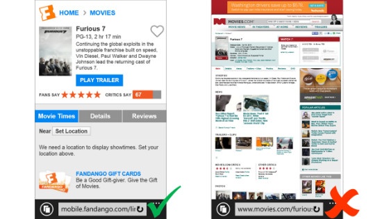 Bing's visualisation of a 'good' and 'bad' mobile nav.
