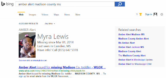 Bing's AMBER Alert info boxes.