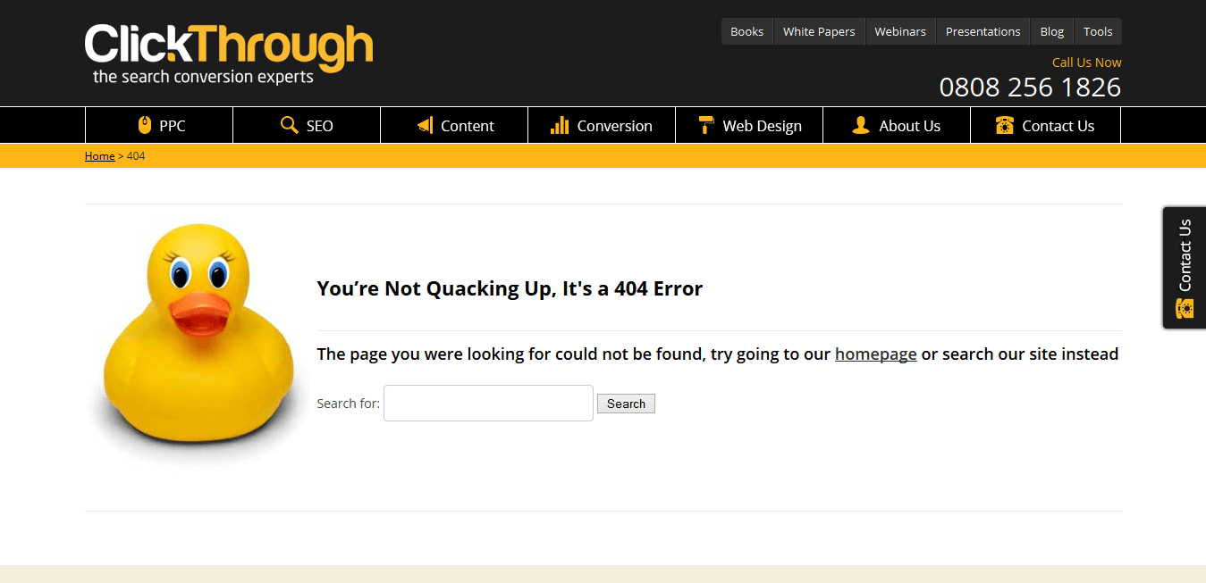 ClickThrough Marketing's 404 page - "You're not quacking up, it's a 404 error!"
