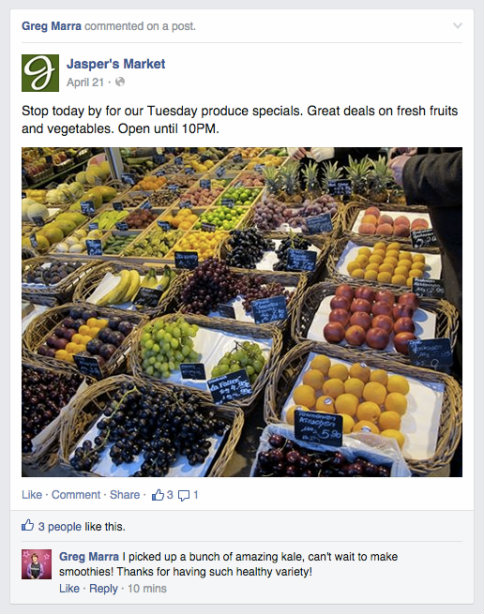 An example of a Facebook user interacting with a brand Page post.