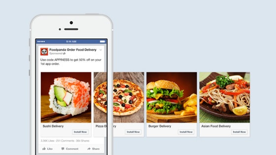 Facebook's 'carousel' ad format, used by Foodpanda for mobile app ads.