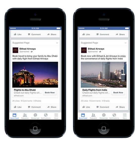 Examples of Etihad Airways' expat-targeted Facebook ads.