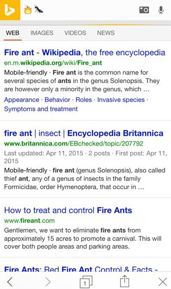 'Fire ant' search on Bing, using emojis.
