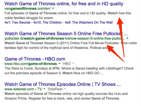 Google search results for 'watch game of thrones'