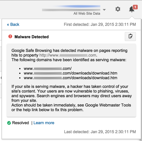 The malware notification in Google Analytics.
