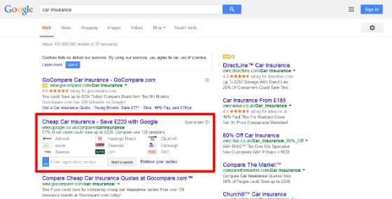 Google's ad for its own car insurance comparison services in the UK.