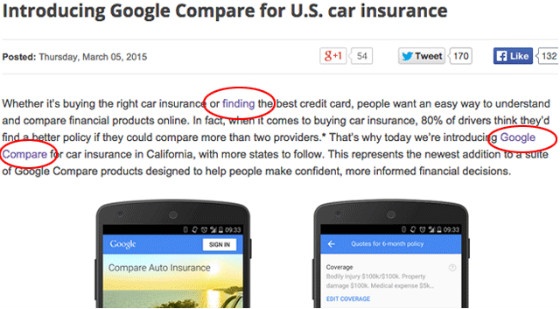Google's car insurance blog after the anchor text was changed.