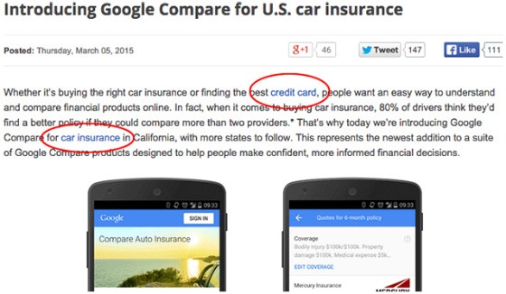 Google's car insurance blog before the anchor text was changed.