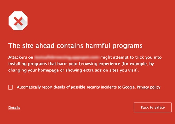 Google Chrome malicious software warning.