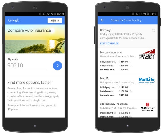Screenshot of Google Compare for car insurance in the US.