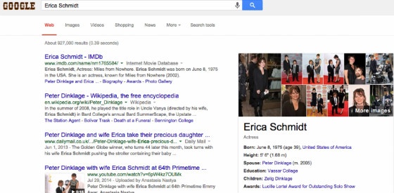 A Google search for 'Erica Schmidt', showing correct Knowledge Graph results.