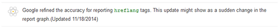 Google's note reads: "Google refined the accuracy for reporting hreflang tags. This update might show as a sudden change in the report graph. (Updated 11/18/2014)"