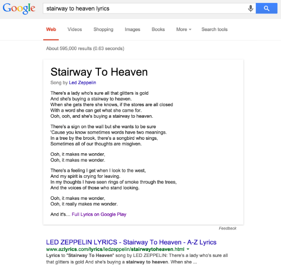 Google's lyrics search answer box.