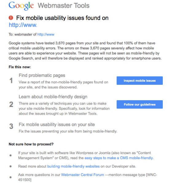 Google's Webmaster Tools mobile usability notification.
