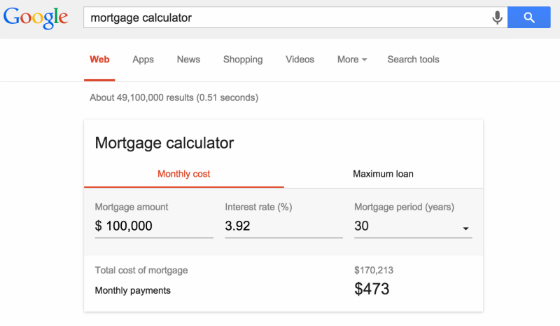 Google's new mortgage calculator tool.