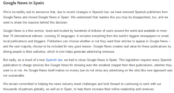 Google's notice of Google News' closure in Spain.