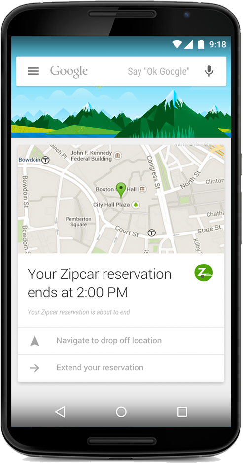 A mockup of a Google Now Zipcar card.