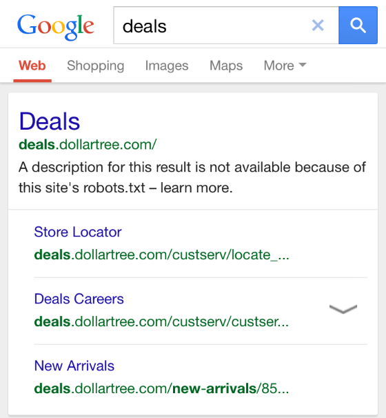 An example of a page with a blocked meta description in mobile search. The message reads 'A description for this result is not available because of this site's robots.txt'.