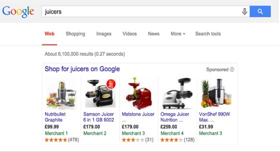 Examples of the rating stars on Google Shopping Ads.