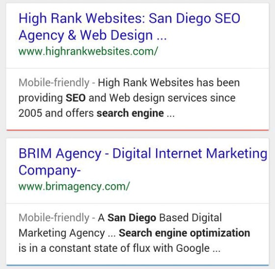 Google's mobile search experiment, with line breaks added after URLs in search results.