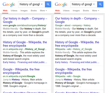 Before and after image of URL structure in Google mobile search.