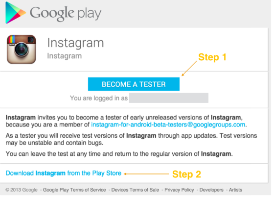 Instagram testers sign-up page.