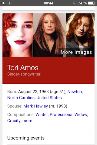 Colourful Knowledge Graph card for the singer Tori Amos.