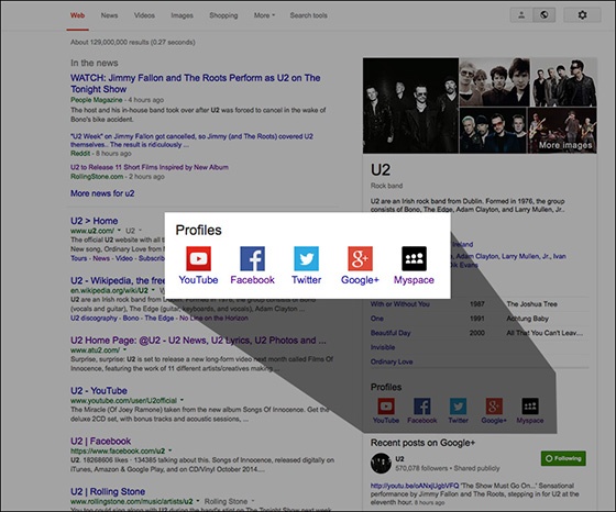 Knowledge Graph's new social links displaying as part of U2's Knowledge Graphresult.