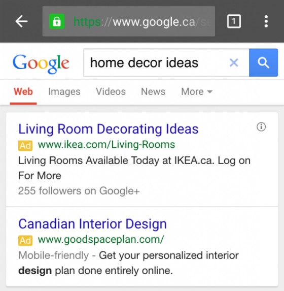 Screenshot of 'mobile-friendly' labels in paid search ads.