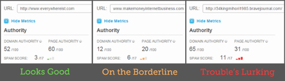 Three sites in the Open Site Explorer interface, each showing a different Spam Score.