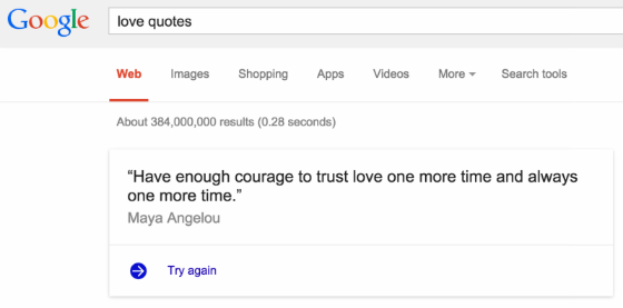 The Answers box (with link) that appears for the search query 'love quotes'.