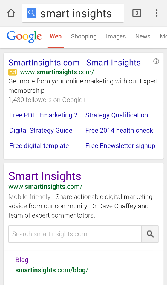 Example of 'mobile-friendly' message in mobile SERPs.