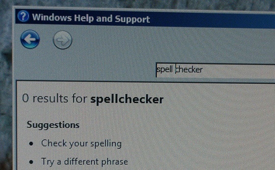 Windows help search for 'spellchecker', recommending the user checks their spelling.