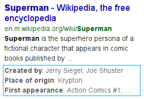 Structured snippet example for the search term 'superman'.