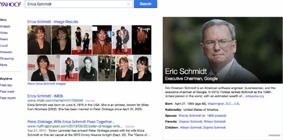 A Yahoo! Search for 'Erica Schmidt', showing incorrect Knowledge Graph results.