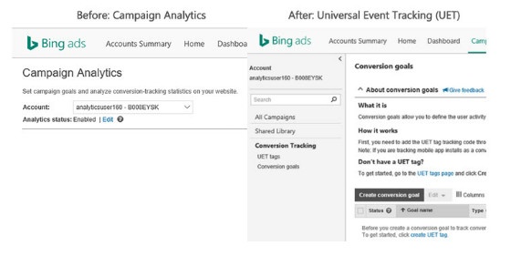 changes from Bing Ads Campaign Analytics to UET