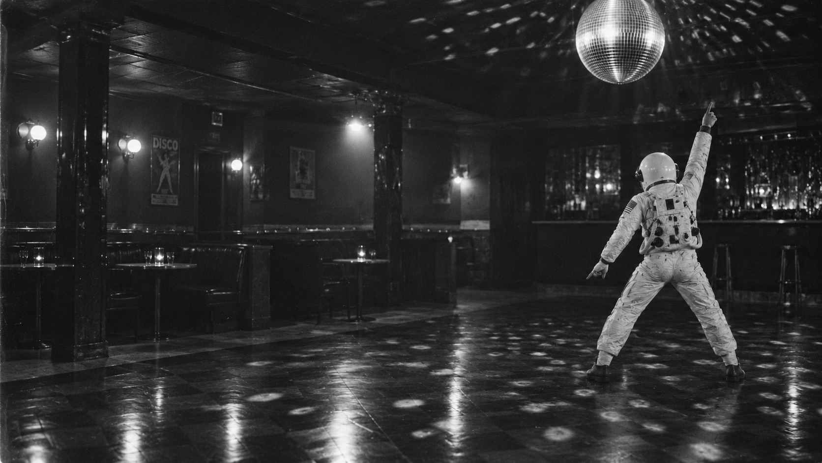 An astronaut dancing alone in an empty disco